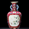 A Ruby-Ground Famille-Rose ‘Floral’ <b>Wall</b> <b>Vase</b>, Seal Mark and Period of Qianlong