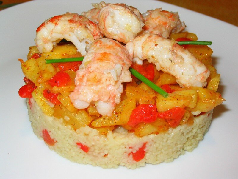 Langoustines sur compotée de pommes/poivrons au ras el hanout