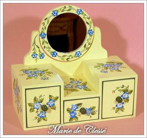 Boîte a bijoux miroir rond et fleurs bleues 25x14x24cms