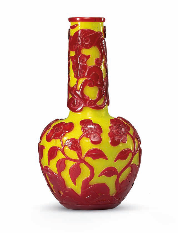 An opaque red-overlay yellow glass bottle vase, Qing dynasty, 18th-19th century