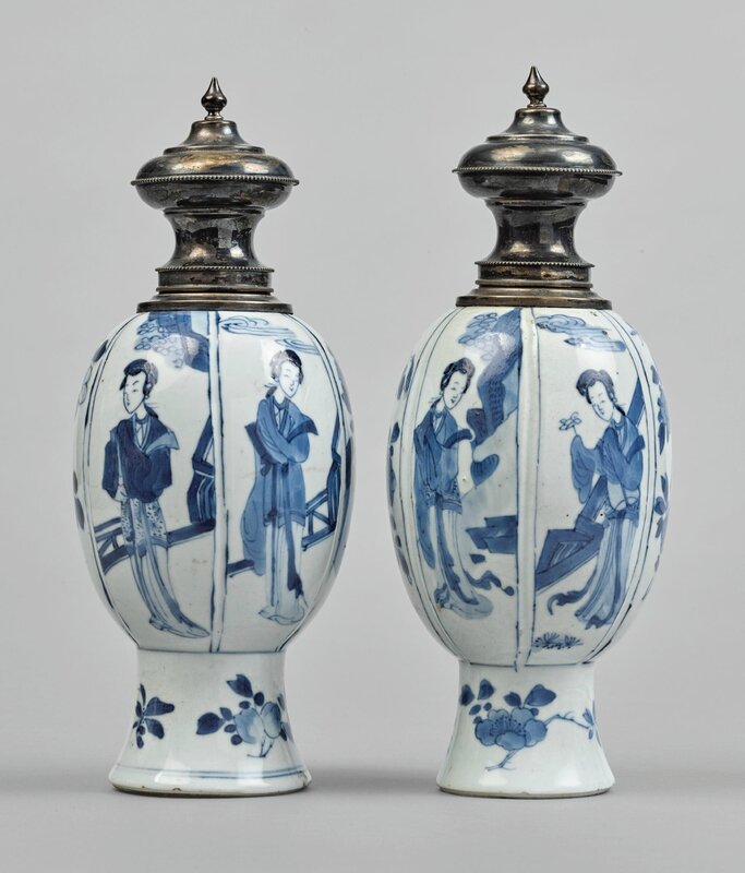 A pair of silver-mounted blue and white vases, Qing dynasty, Kangxi period, later mounted