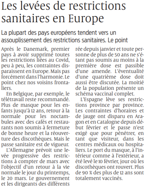 2022 02 16 SO Les levées de restrictions sanitaires en Europe