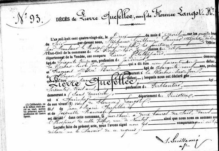 1886 le 2 avril La Roche sur Yon décès de Jean Pierre Queffellec