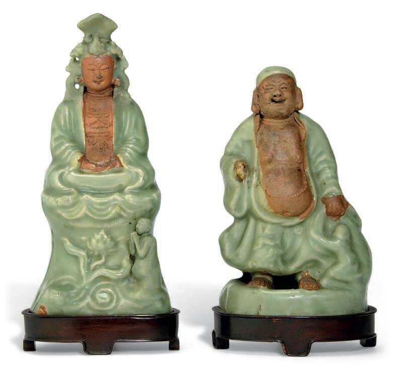 Two celadon-glazed pottery figures, Ming dynasty, 15th-16th century