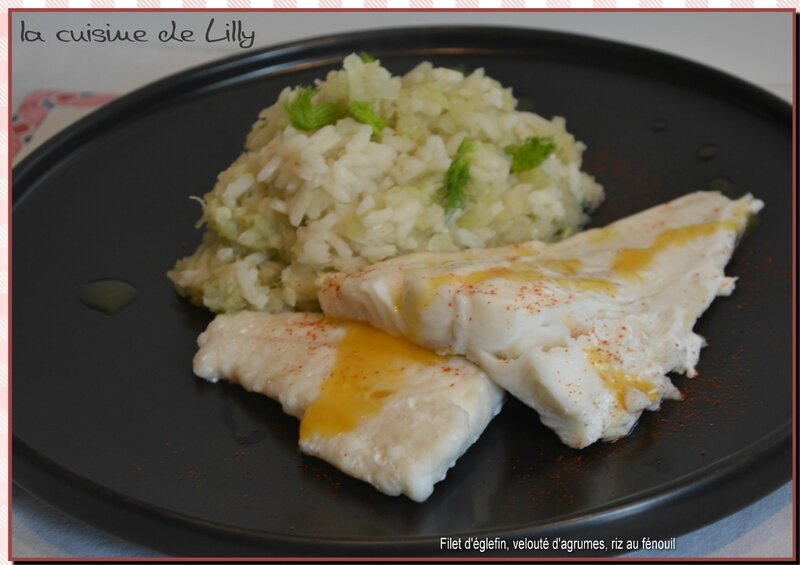 filet d'églefin, velouté aux agrumes, riz au fénouil