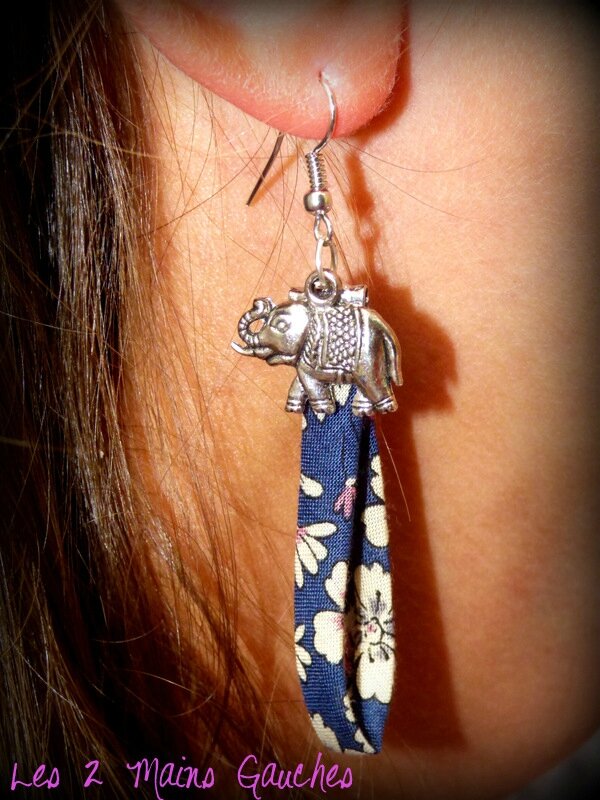 boucles d'oreille en biais liberty bleu et éléphant