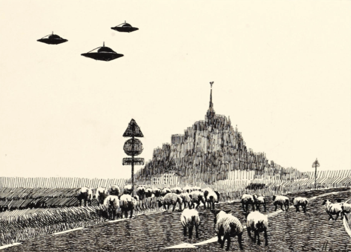 exposition 36 vues du Mont-Saint-Michel musée Scriptorial Avranches 2017 Philippe Caillaud dessin OVNI 1