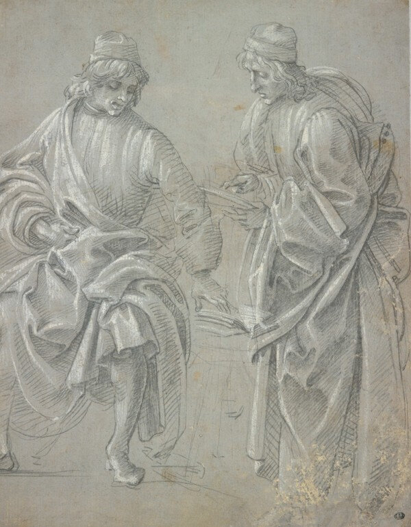 Filippino Lippi, Deux figures d’homme drapées (recto) Pointe d’argent et gouache sur papier vergé blanc préparé gris