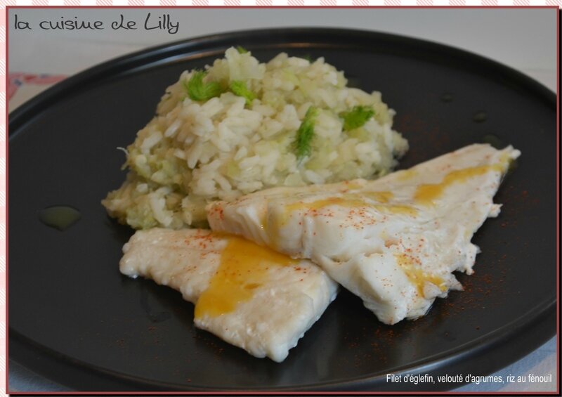 filet d'églefin, velouté aux agrumes, riz au fénouil