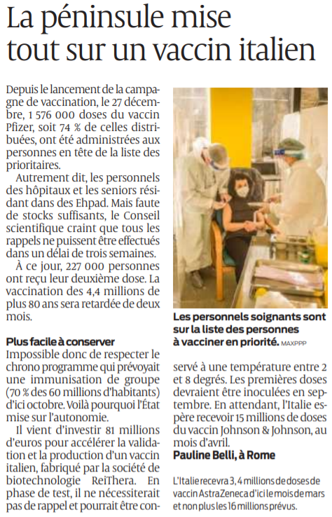 2021 01 31 SO La péninsule mise tout sur un vaccin italien