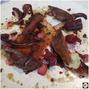 Poitrine rôtie et cuisse de pigeon confite, légumes rouges et feuilles, foie gras et rhubarbe