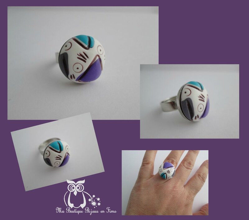 Bague tricot triangle turquoise violet