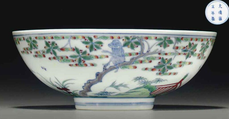 A rare doucai bowl, Yongzheng six-character mark in underglaze blue within a double circle and of the period (1723-1735)