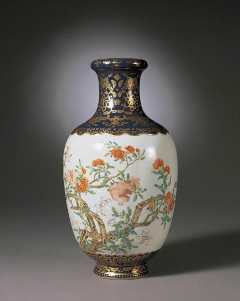 A very rare gilded 'famille-rose' blue-ground 'sanduo' vase, Iron-red seal mark and period of Qianlong (1736-1795)