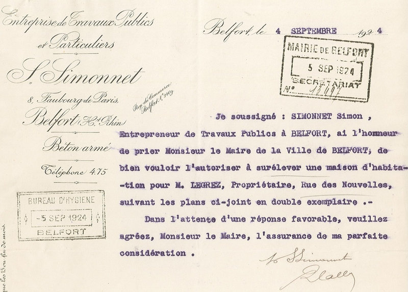 1924 09 04 Courrier Simonnet Réhaussement 2 rue Nouvelle R