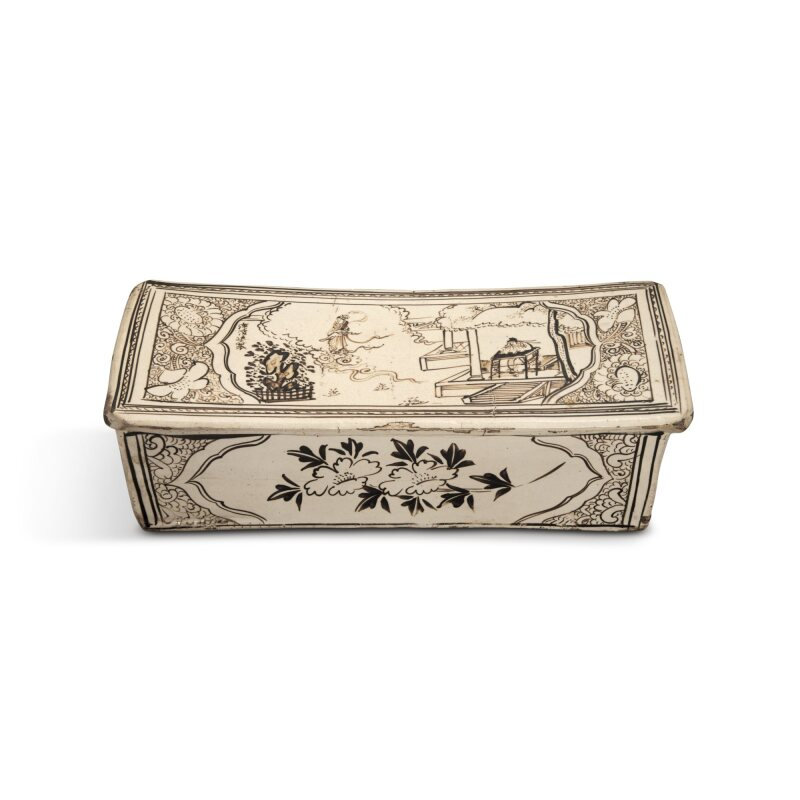 An inscribed rectangular painted 'Cizhou' 'figural' pillow, Northern Song - Yuan dynasty