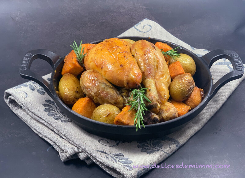 Coquelet rôti aux patates douces et aux petites grenailles