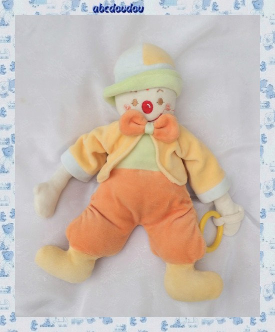 Doudou Peluche Clown Jaune Orange Vert Grelot Sucre D'Orge 31 cm