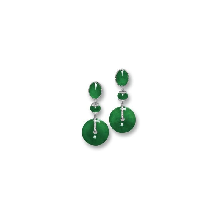 Fine Pair of Jadeite 'Discs', Jadeite and Diamond Pendent Earrings