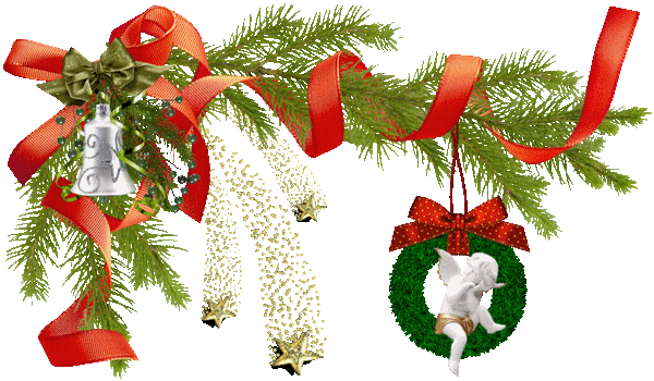 Gif Noël Branche sapin,ruban torsadé,cloche et couronne ange 600 pixels