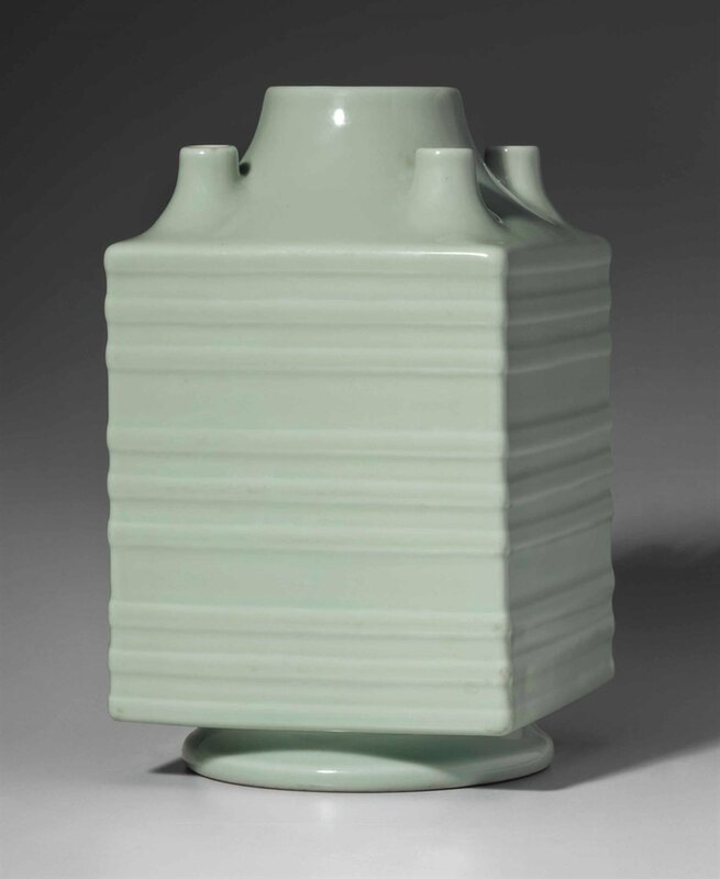 A rare celadon-glazed five-necked vase, Qianlong six-character seal mark in underglaze blue and of the period (1736-1795)