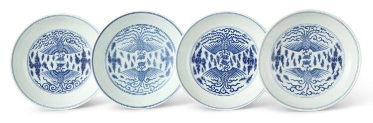 Four blue and white 'Phoenix' dishes, Qing dynasty, Jiaqing, Daoguang, Tongzhi marks and period