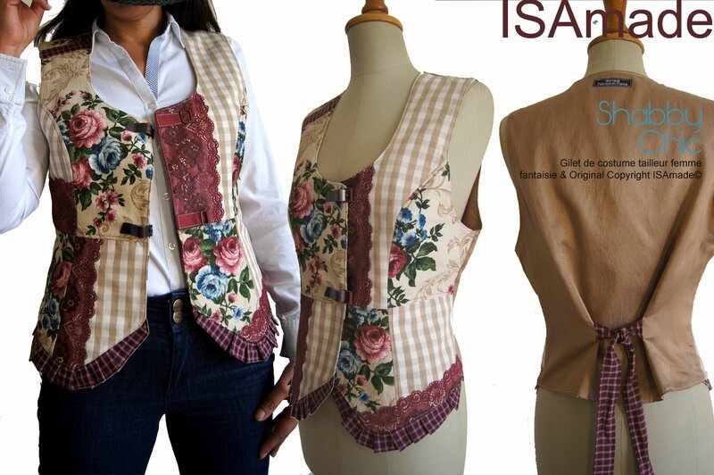 fb Gilet sans manches femme tailleur fantaisie Shabby Chic fleurs vichy dentelle beige Bordeaux mod 06B copier