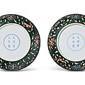 A pair of <b>black</b>-<b>ground</b> famille-verte dishes, Marks and period of Yongzheng (1723-1735)