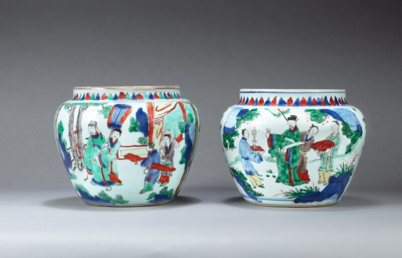 A pair of wucai 'figural' jars Ming dynasty, Wanli period