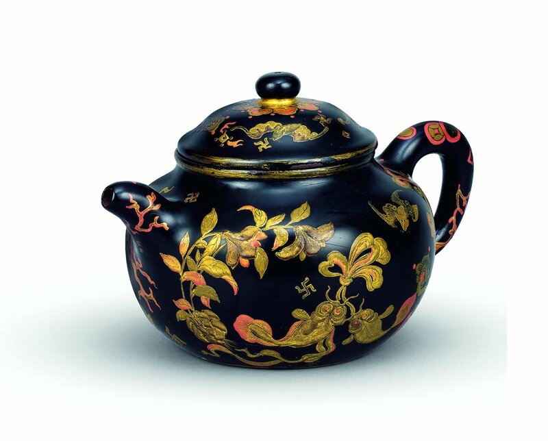 A gold-decorated Yixing 'bats and flowers' teapot and cover, Qianlong mark and period (1736-1795)