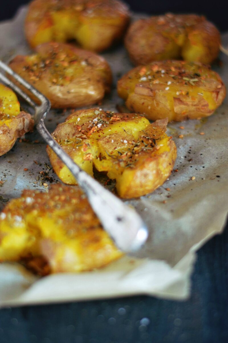 pommes de terre tapées ail et piment huile olive