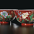 A fine pair <b>of</b> coral-red ground Famille-Verte floral bowls, Yu Zhi <b>marks</b> <b>and</b> <b>period</b> <b>of</b> <b>Kangxi</b> (1662-1722)