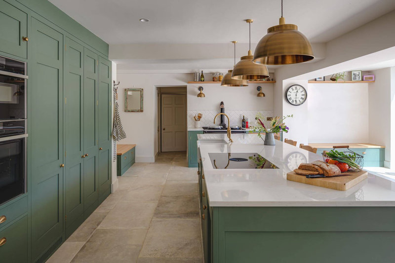 Country-Kitchen-Farrow-and-ball-green-smoke-double-larder-with-arenastone-worktop