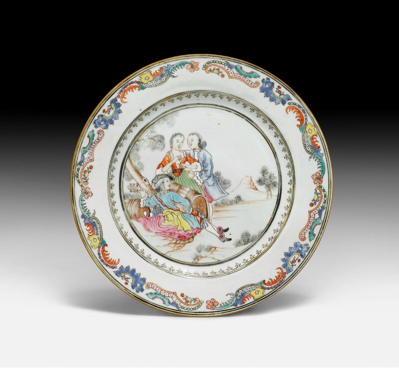 A European style plate with a couple and a lute player in the colours of the famille rose and gold, China, mid of 18th century