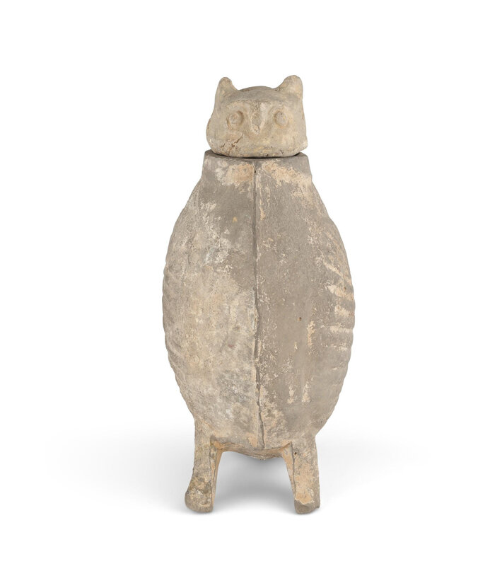 A grey pottery owl-form vessel and cover, Han dynasty or later