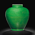 An <b>apple</b>-<b>green</b>-<b>glazed</b> ovoid jar, Kangxi six-character mark in underglaze blue and of the period (1662-1722)
