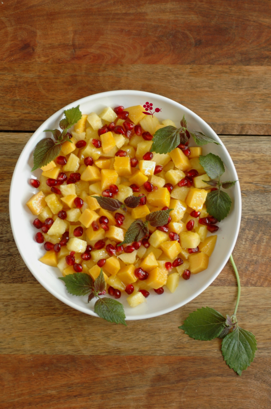 Salade de fruits ananas, mangue, grenade, jus de limequat & shiso_1