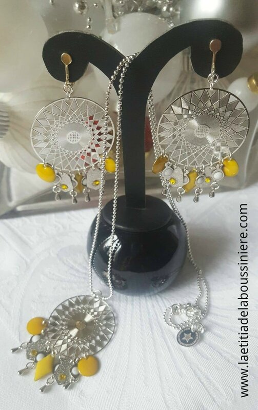 BO Aztèque et son sautoir Aztèque assortie (argenté et jaune moutarde) - 37 € le collier ; 21 € le collier