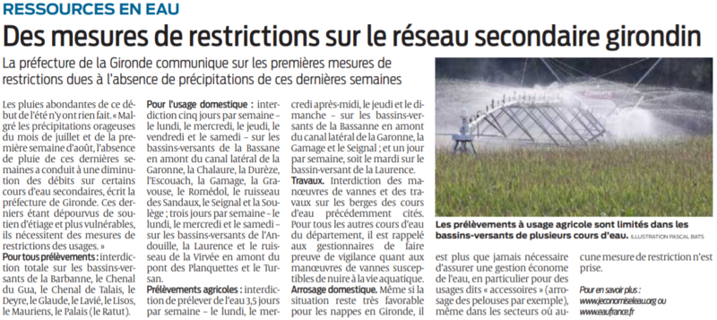 2021 09 01 SO Ressources en eau Des mesures de restrictions sur le réseau secondaire girondin