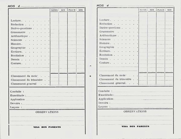 Carnet de correspondance école-famille 1956-57