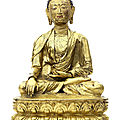 A large and rare <b>gilt</b> <b>copper</b>-<b>alloy</b> <b>figure</b> of Shakyamuni Buddha, Tibet, circa 16th century