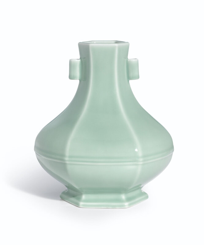 A fine and rare hexagonal celadon-glazed vase, Seal mark and period of Yongzheng (1723-1735)