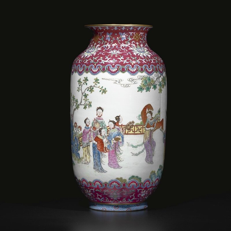 A 'famille-rose' 'ladies of the han palace' lantern-shaped vase, Jiaqing iron-red seal mark and period