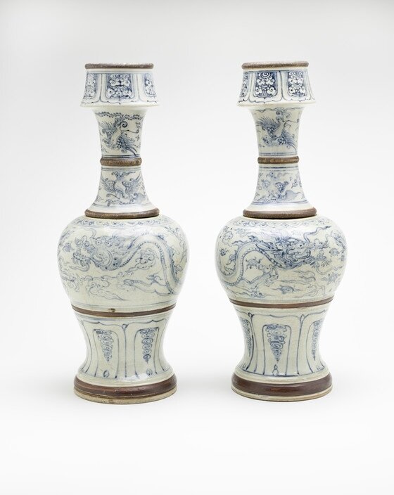 Pair of Altar Lamps with Dragons and Phoenixes, Vietnam, circa 1400-1600