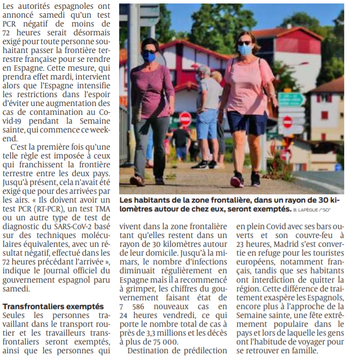 2021 03 28 SO L'Espagne va exiger un test PCR négatif à la frontière dès mardi2
