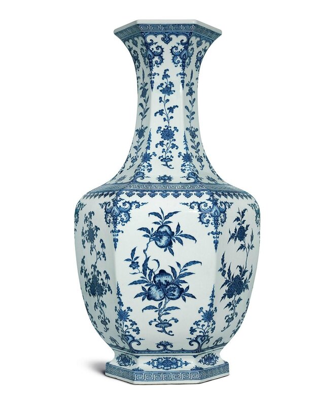 An exceptional large blue and white ‘sanduo’ hexagonal vase, Qianlong six-character seal mark in underglaze blue and of the period (1736-1795)