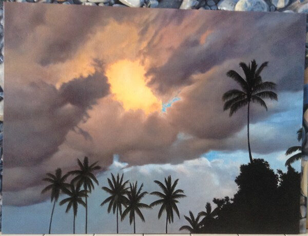 Derrière les nuages, huile sur carton toilé, 61 x 46 cm, 2017