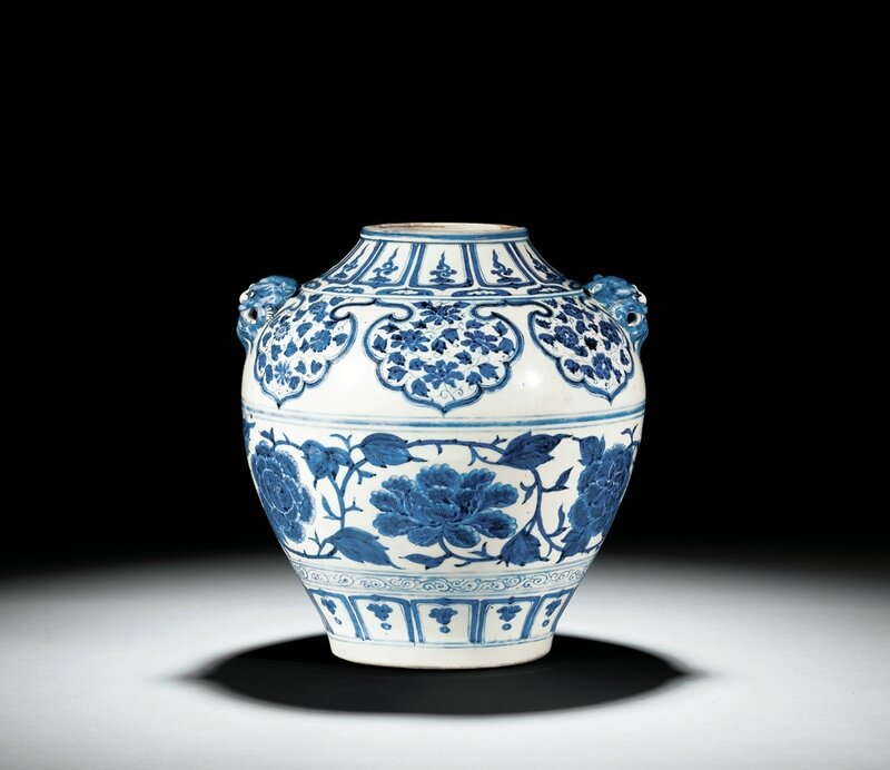 A blue and white jar with mask handles, guan, Yuan dynasty