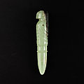 An extremely rare green and russet jade bird-form <b>hair</b> <b>ornament</b>, Neolithic period, Late Shijiahe Culture