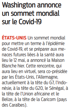 2022 04 19 SO Washington annonce un sommet mondial sur le Covid-19